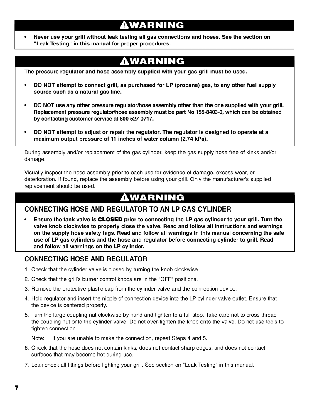 Brinkmann 4 Burner Gas Grill Grill owner manual Connecting Hose and Regulator to AN LP GAS Cylinder 