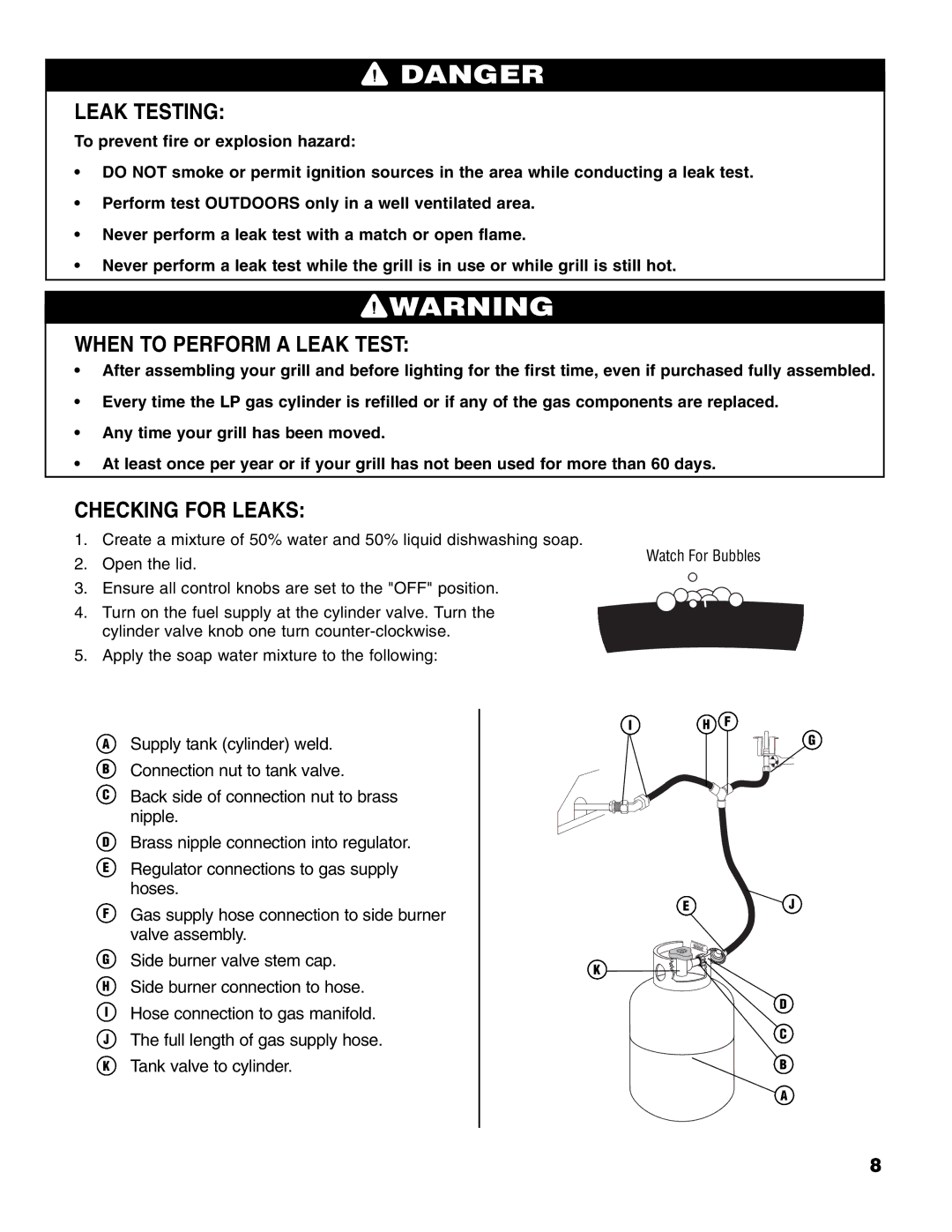 Brinkmann 4 Burner Gas Grill Grill owner manual Leak Testing, When to Perform a Leak Test, Checking for Leaks 