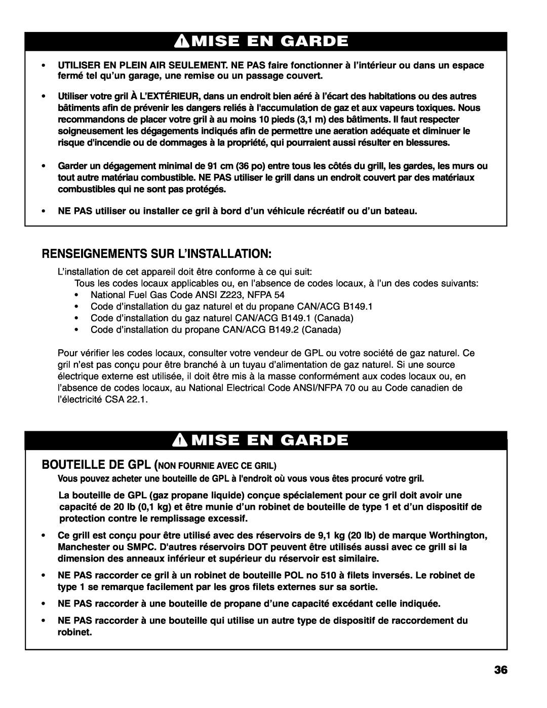 Brinkmann 4 Burner Gas Grill Grill owner manual Renseignements Sur L’Installation, Mise En Garde 
