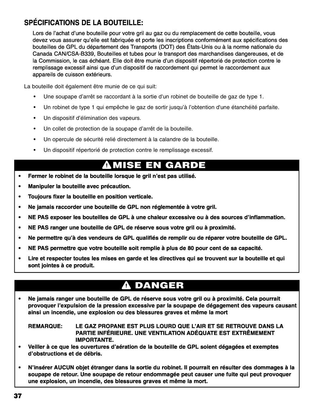Brinkmann 4 Burner Gas Grill Grill owner manual Spécifications De La Bouteille, Mise En Garde, Danger 