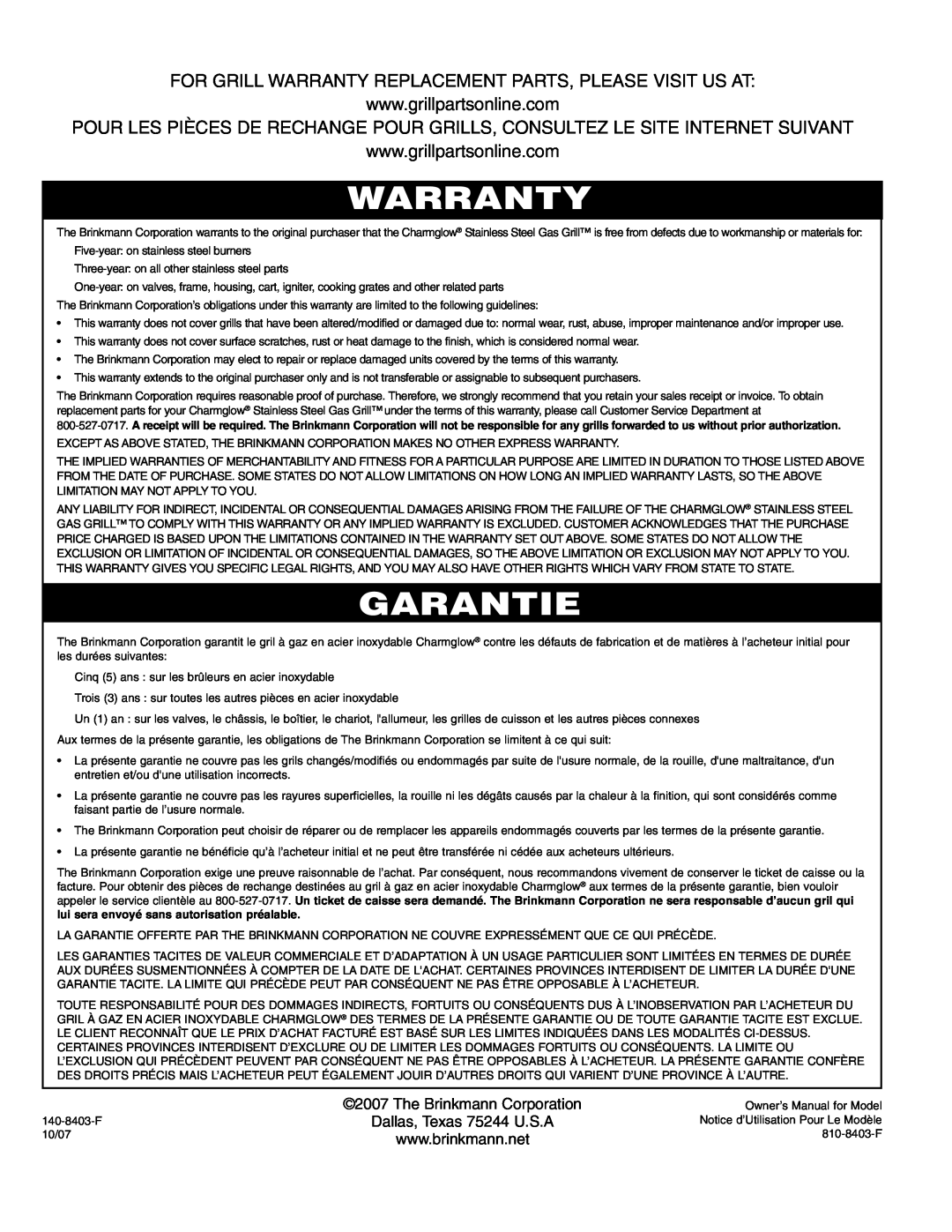 Brinkmann 4 Burner Gas Grill Grill owner manual Warranty, Garantie, The Brinkmann Corporation Dallas, Texas 75244 U.S.A 