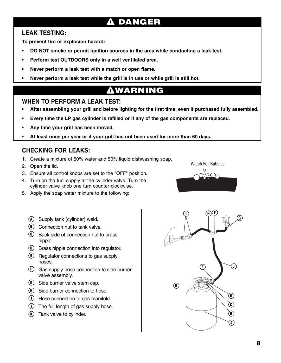 Brinkmann 4 Burner Gas Grill Grill owner manual Leak Testing, When To Perform A Leak Test, Checking For Leaks, Danger 