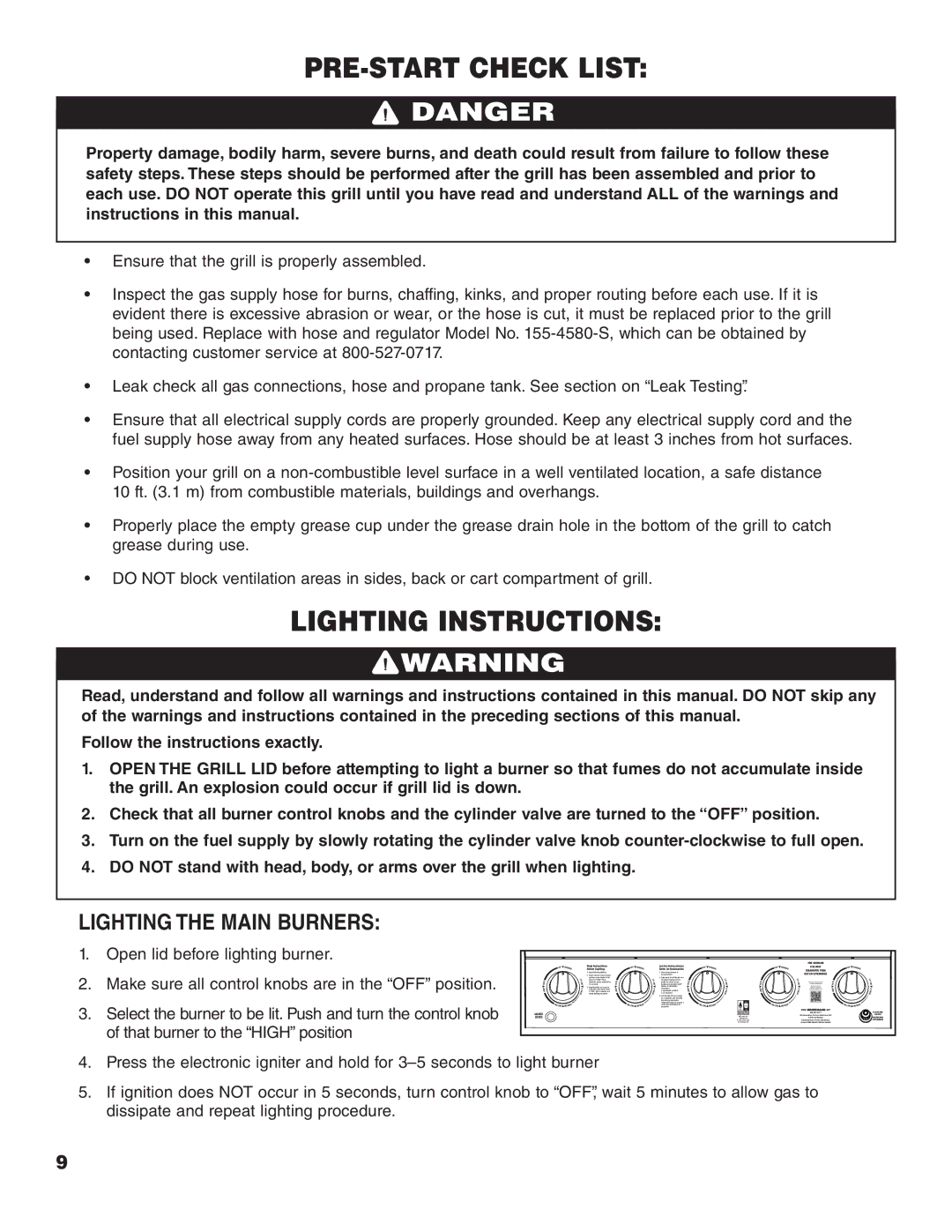 Brinkmann 300, 400, 600, 500, 200, 100 owner manual PRE-START Check List, Lighting Instructions, Lighting the Main Burners 