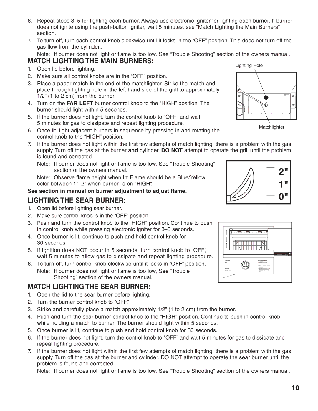 Brinkmann 100, 400, 600, 500, 200, 300 owner manual Match Lighting the Main Burners, Match Lighting the Sear Burner 