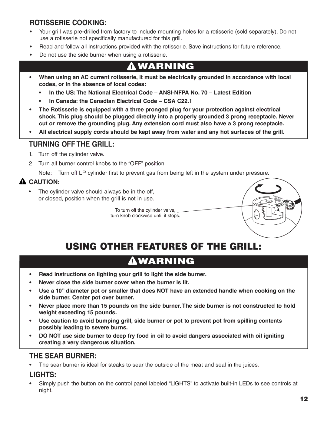 Brinkmann 600, 400, 500 Using Other Features of the Grill, Rotisserie Cooking, Turning OFF the Grill, Sear Burner, Lights 