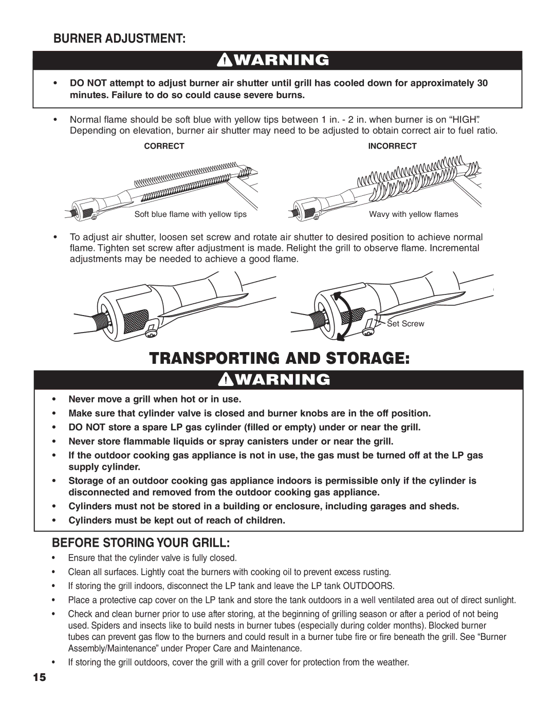 Brinkmann 300, 400, 600, 500, 200, 100 owner manual Transporting and Storage, Burner Adjustment, Before Storing Your Grill 