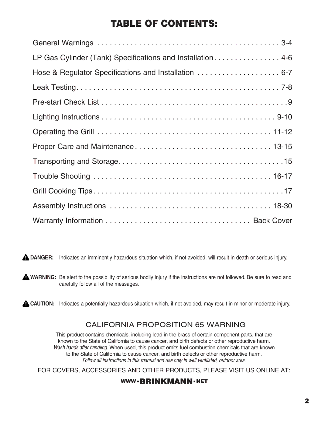 Brinkmann 200, 400, 600, 500, 300, 100 owner manual Table of Contents 