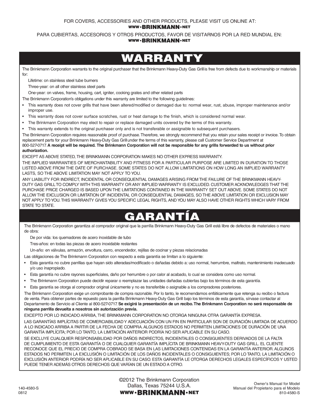 Brinkmann 500, 400, 600, 200, 300, 100 owner manual Warranty 