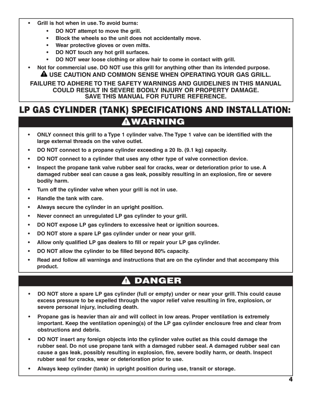 Brinkmann 100, 400, 600, 500, 200, 300 owner manual LP GAS Cylinder Tank Specifications and Installation 