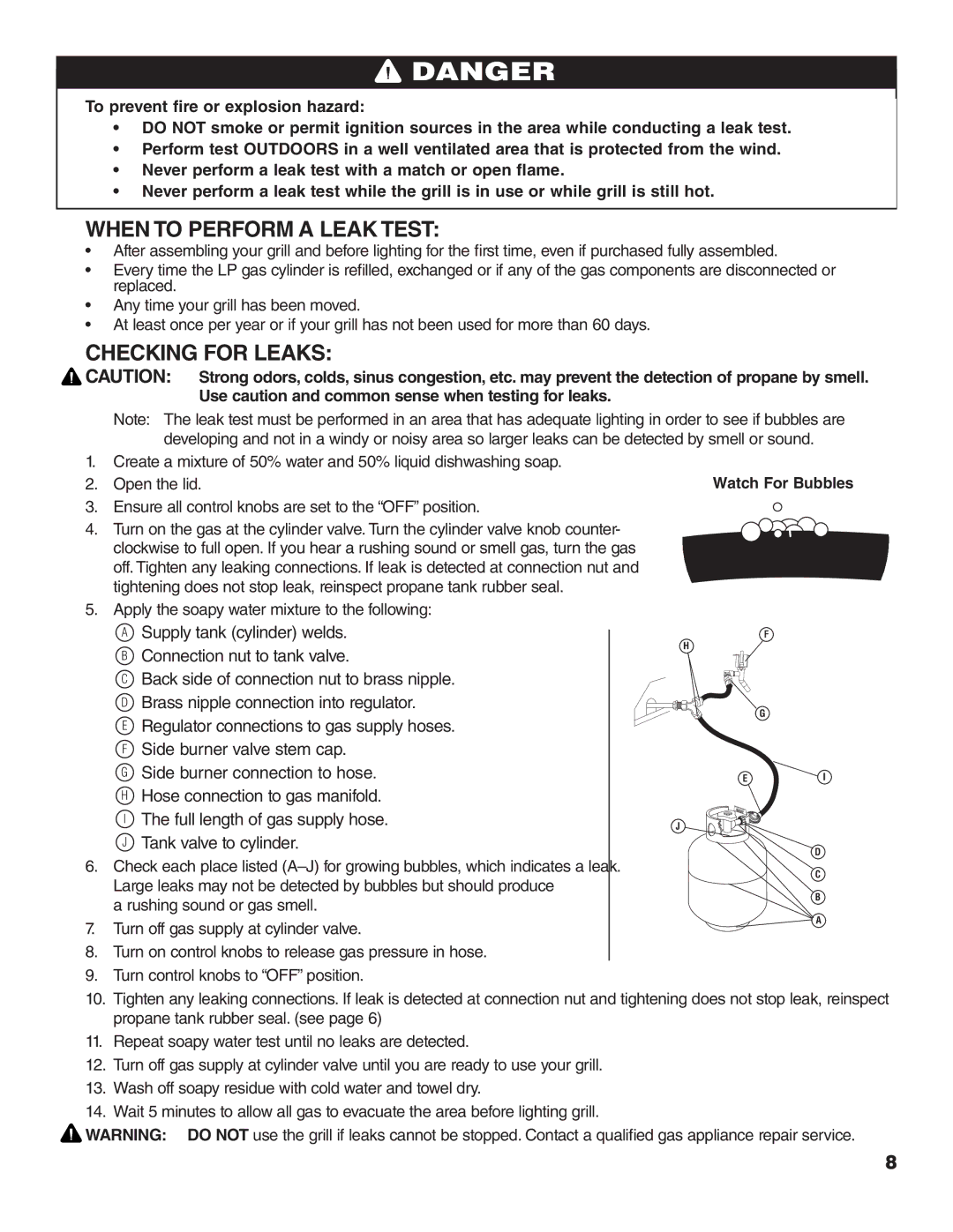 Brinkmann 200, 400, 600, 500, 300, 100 owner manual When to Perform a Leak Test, Checking for Leaks 