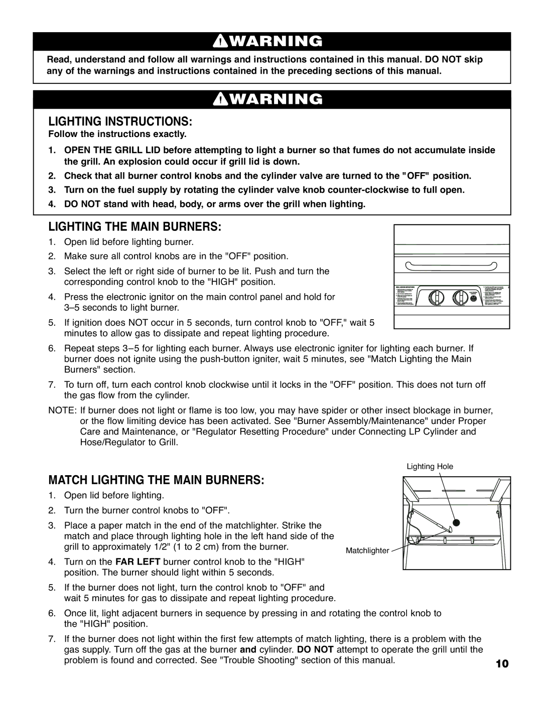 Brinkmann 4210 owner manual Lighting Instructions, Match Lighting the Main Burners 