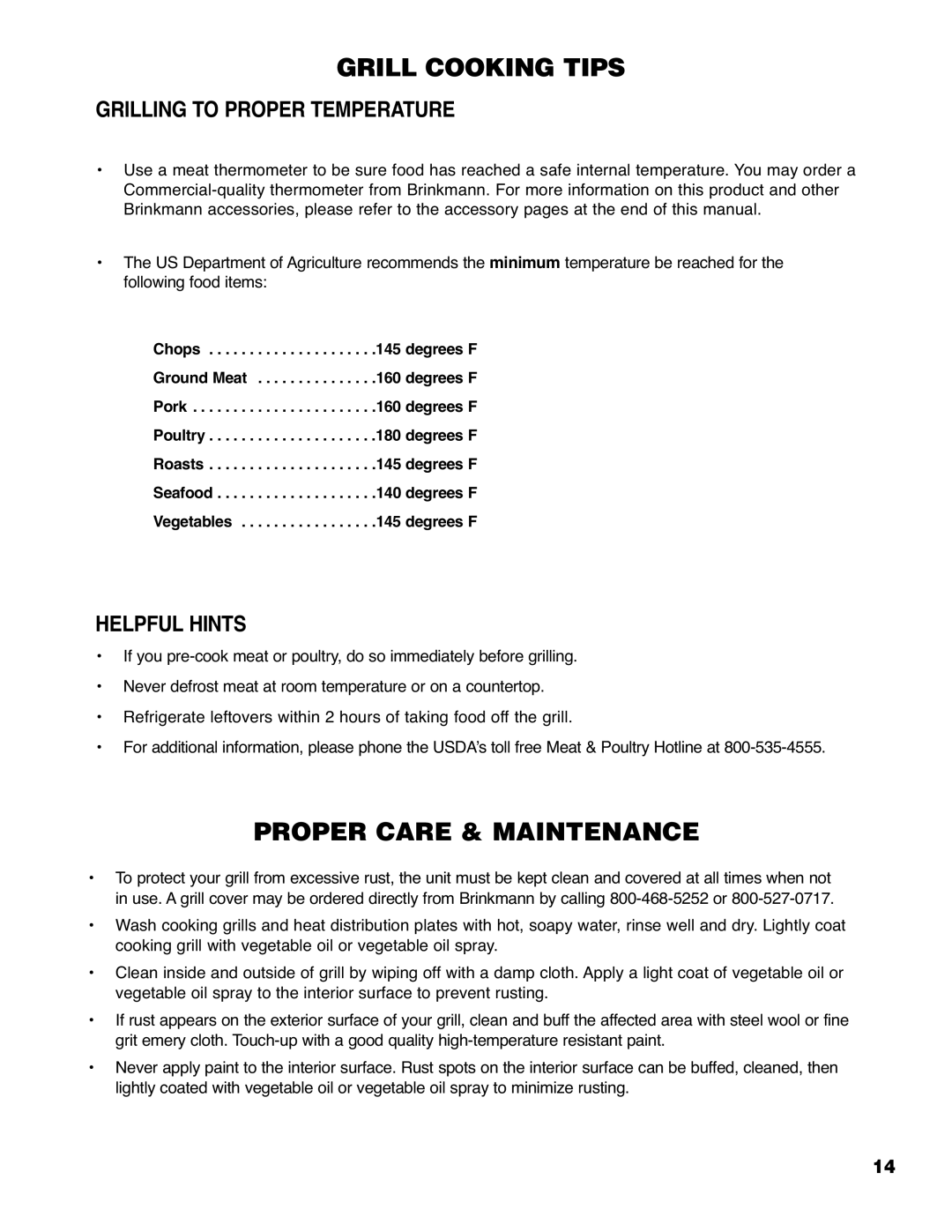 Brinkmann 4210 owner manual Grilling to Proper Temperature, Helpful Hints 