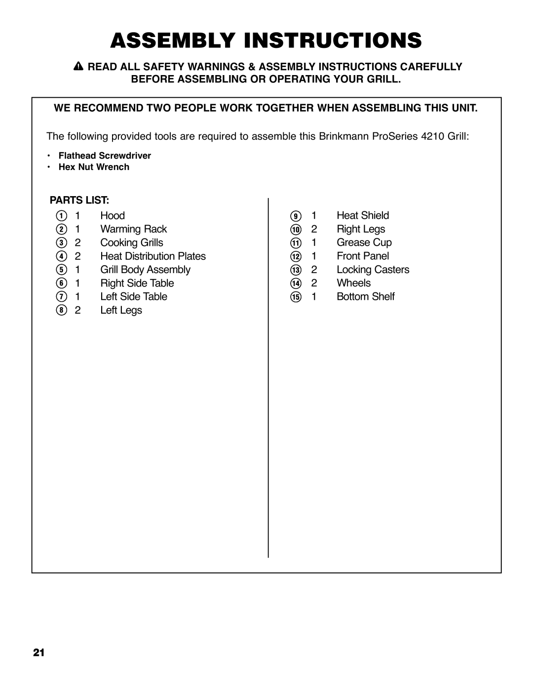 Brinkmann 4210 owner manual Assembly Instructions 