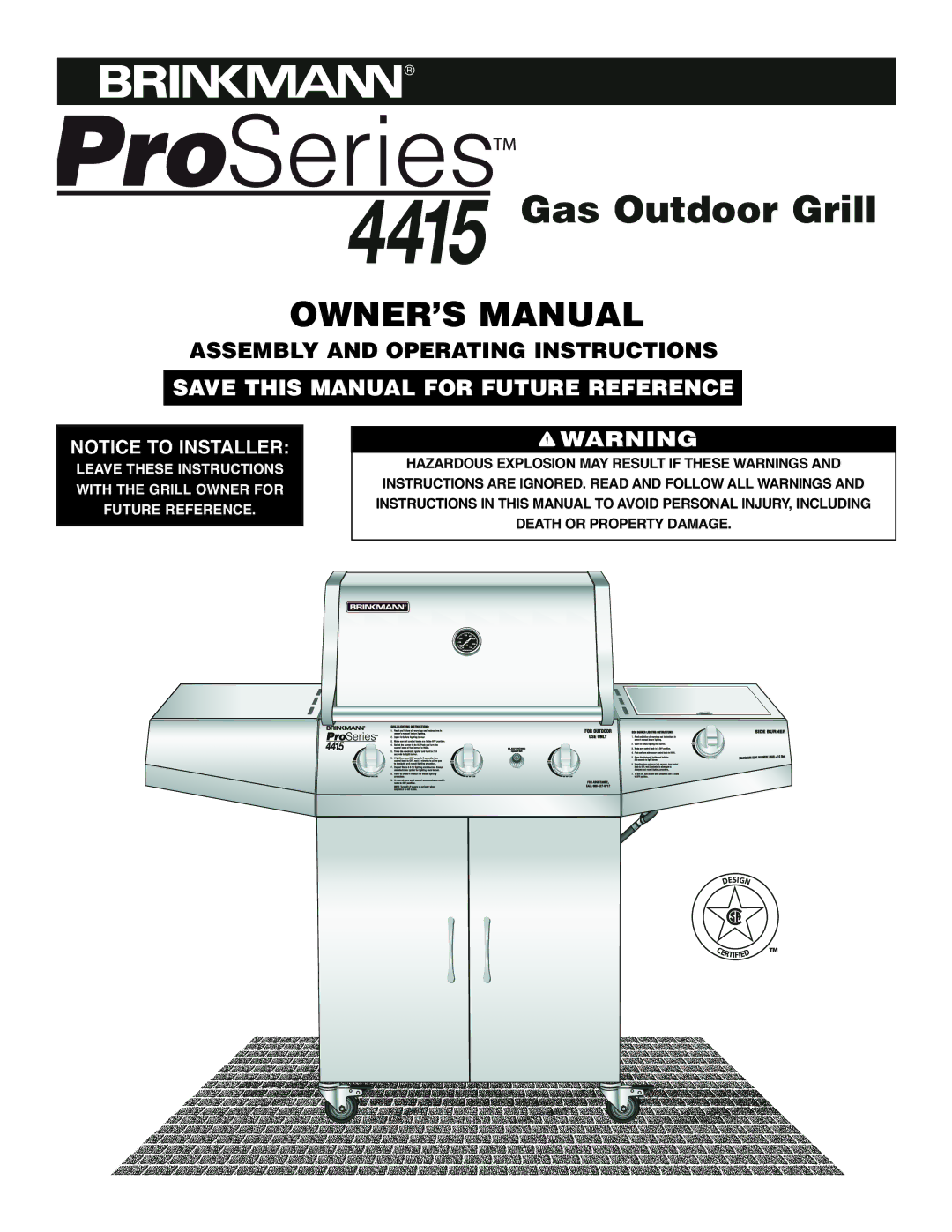 Brinkmann 4415 owner manual Gas Outdoor Grill 