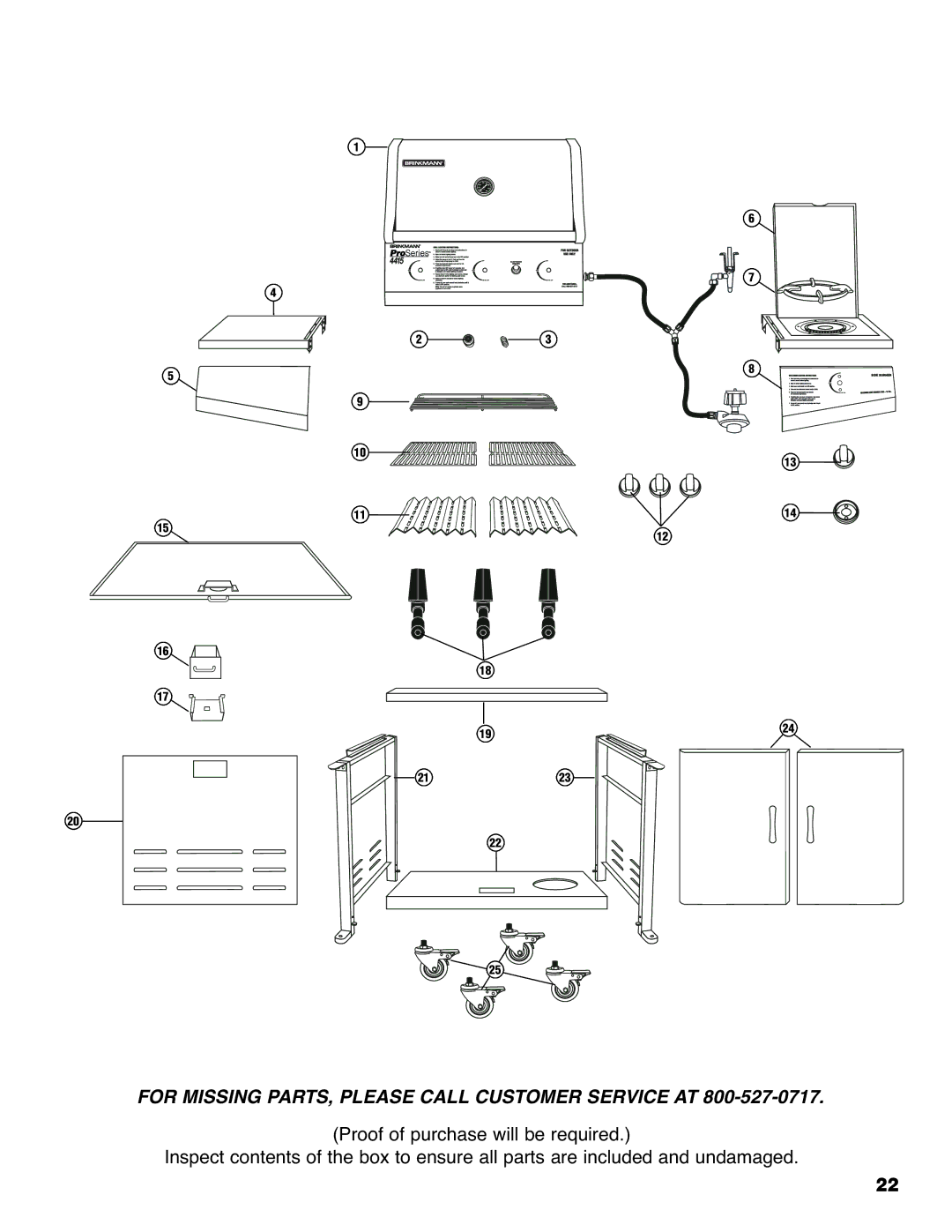 Brinkmann 4415 owner manual For Missing PARTS, Please Call Customer Service AT 