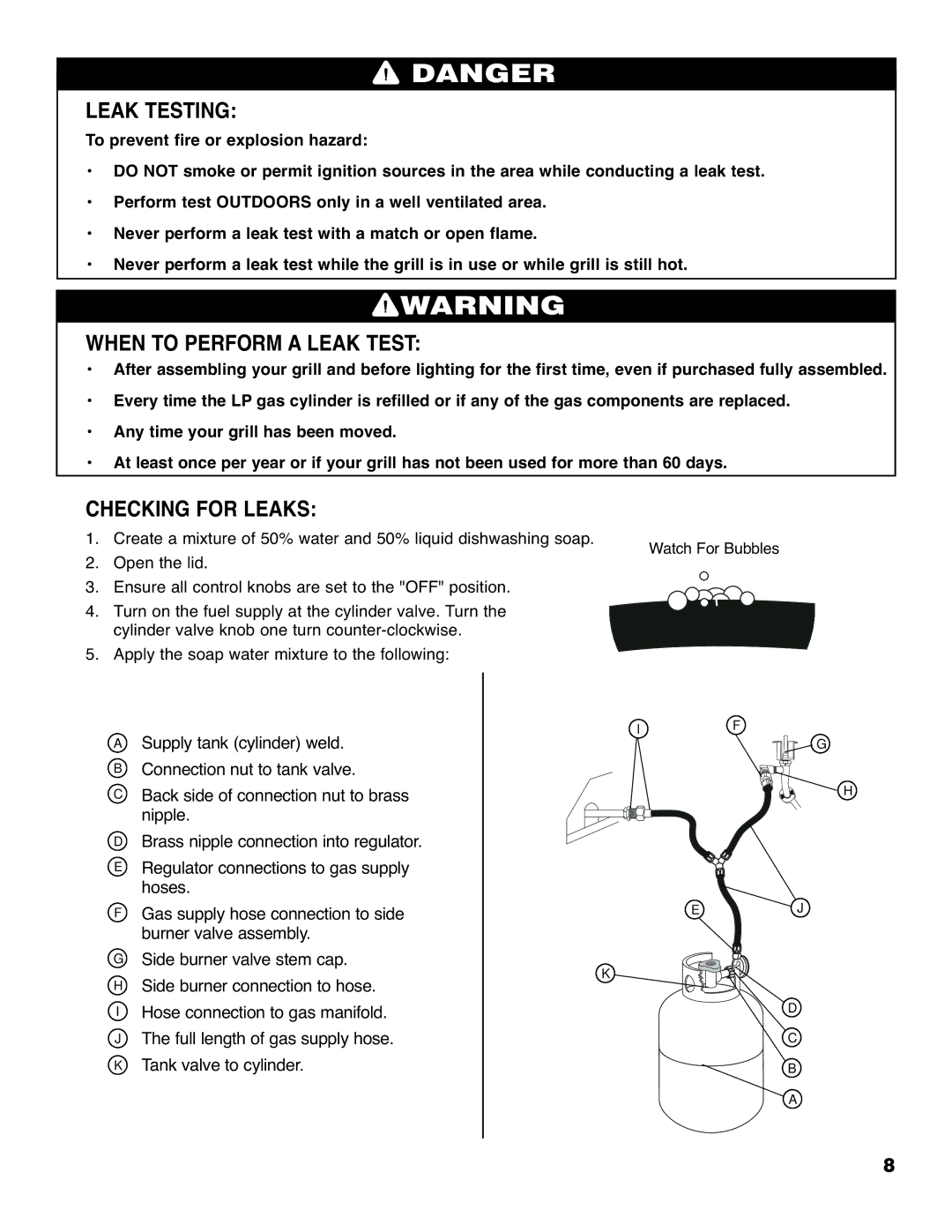 Brinkmann 4415 owner manual Leak Testing, When to Perform a Leak Test, Checking for Leaks 