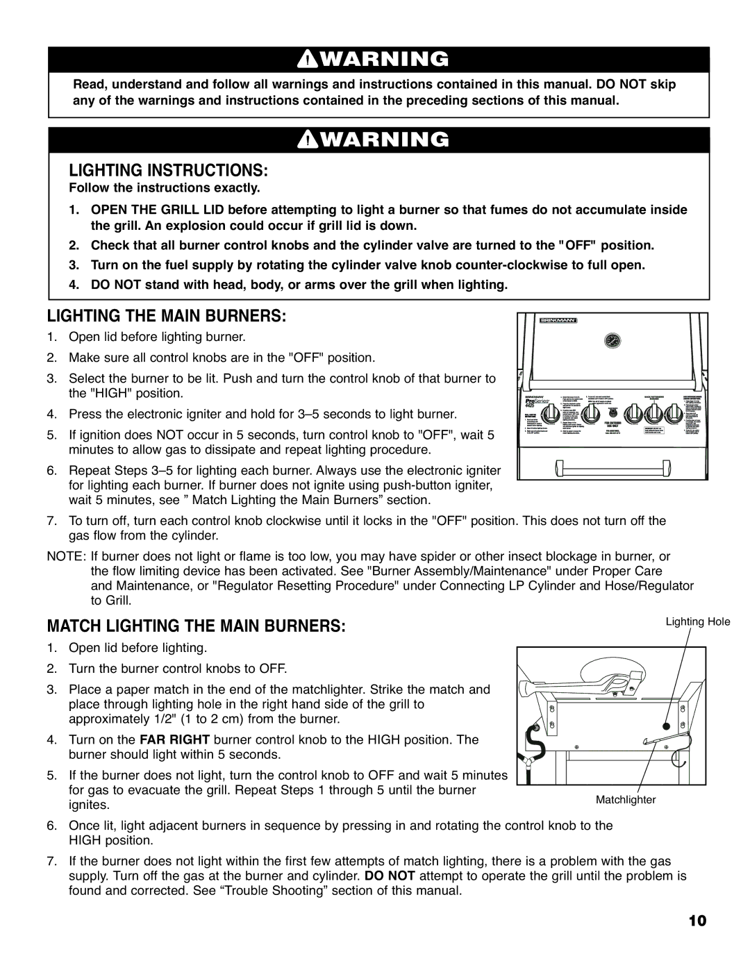 Brinkmann 4425 owner manual Lighting Instructions, Match Lighting the Main Burners 