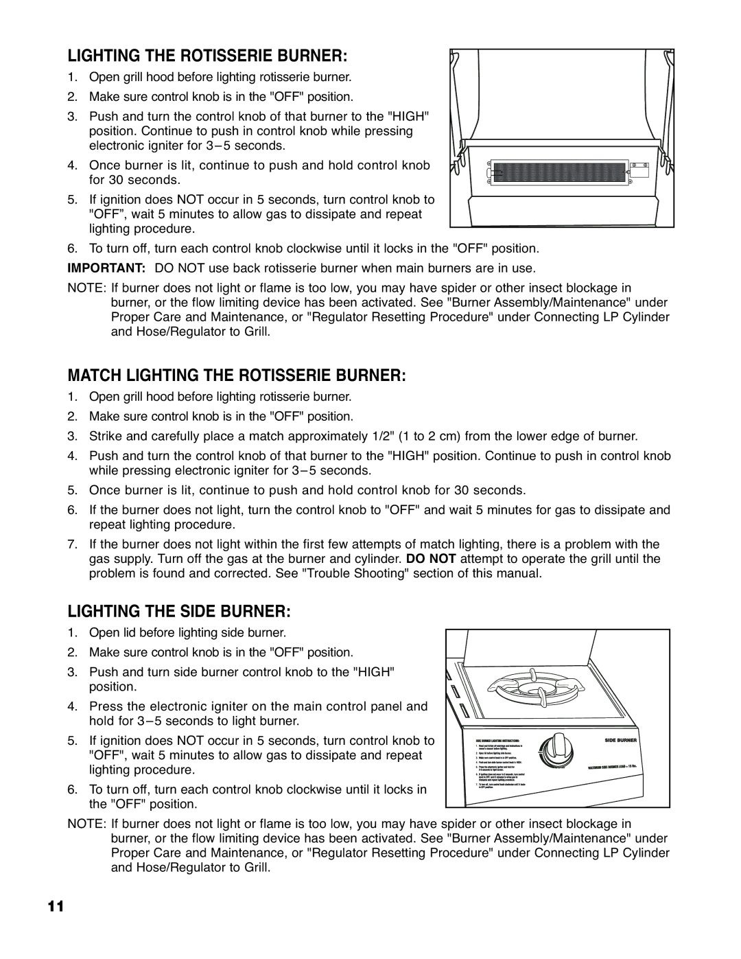 Brinkmann 4425 owner manual Match Lighting the Rotisserie Burner, Lighting the Side Burner 