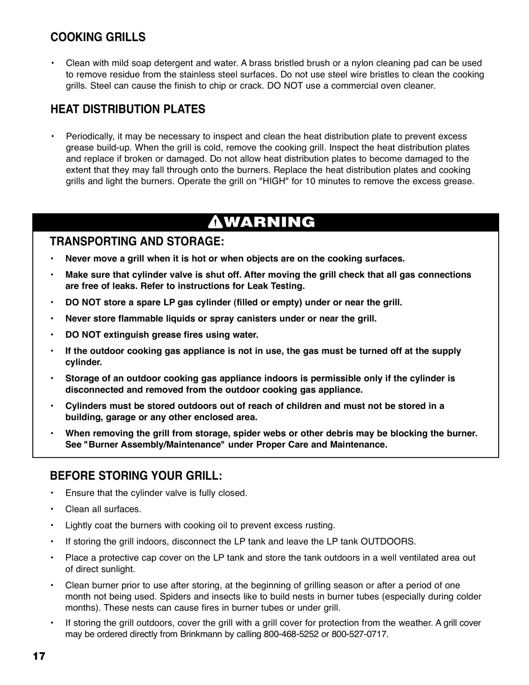 Brinkmann 4425 owner manual Cooking Grills, Heat Distribution Plates, Transporting and Storage, Before Storing Your Grill 