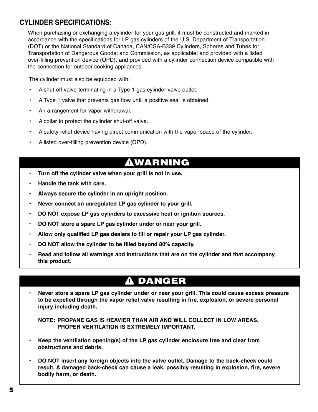 Brinkmann 4425 owner manual Cylinder Specifications 