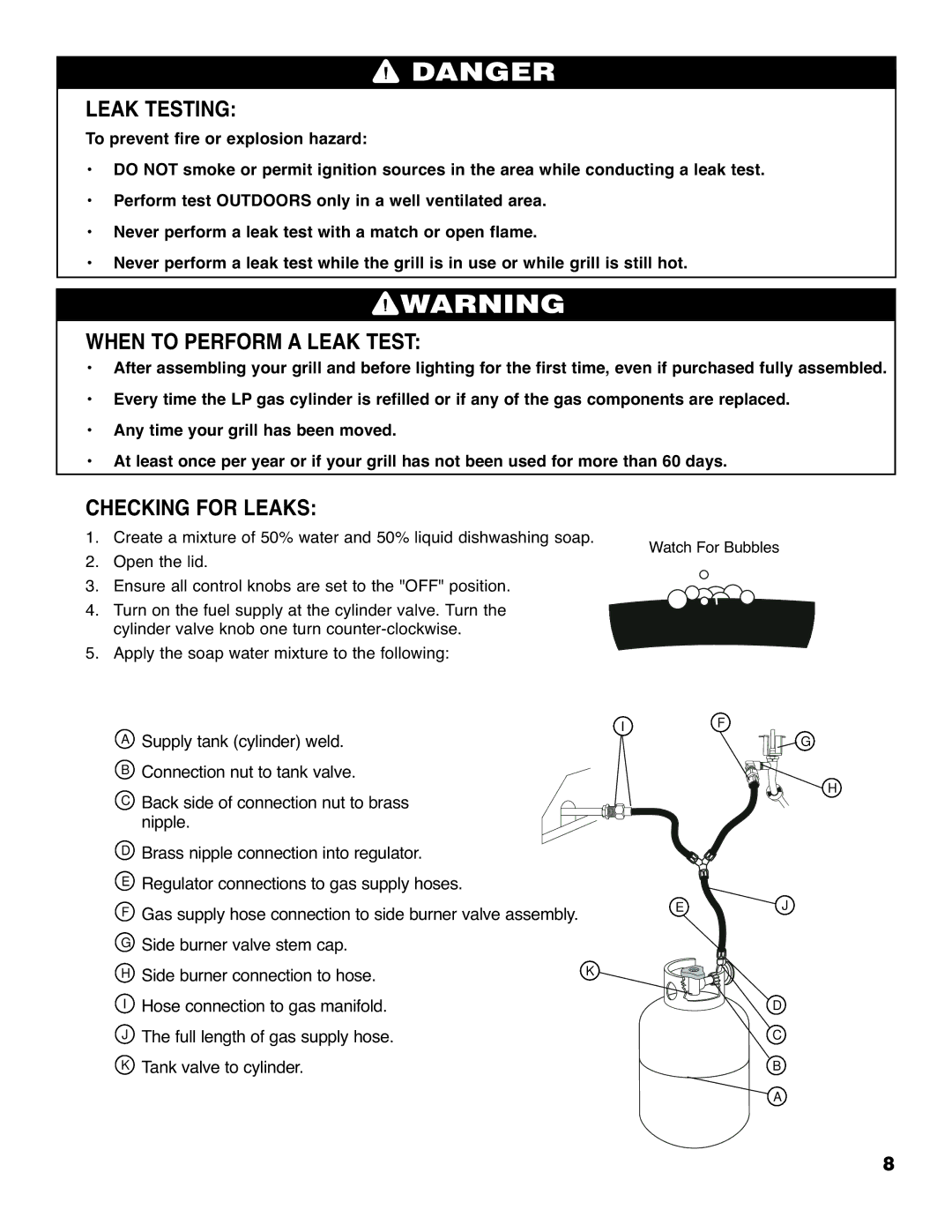 Brinkmann 4425 owner manual Leak Testing, When to Perform a Leak Test, Checking for Leaks 