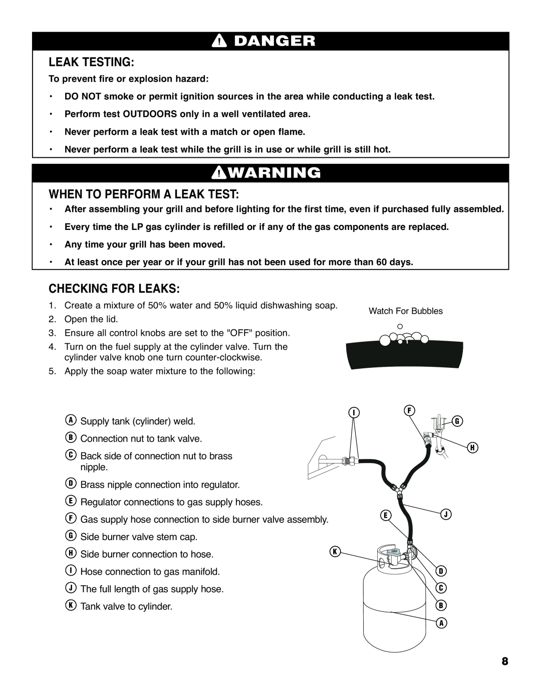 Brinkmann 4425 owner manual Leak Testing, When To Perform A Leak Test, Checking For Leaks, Danger 