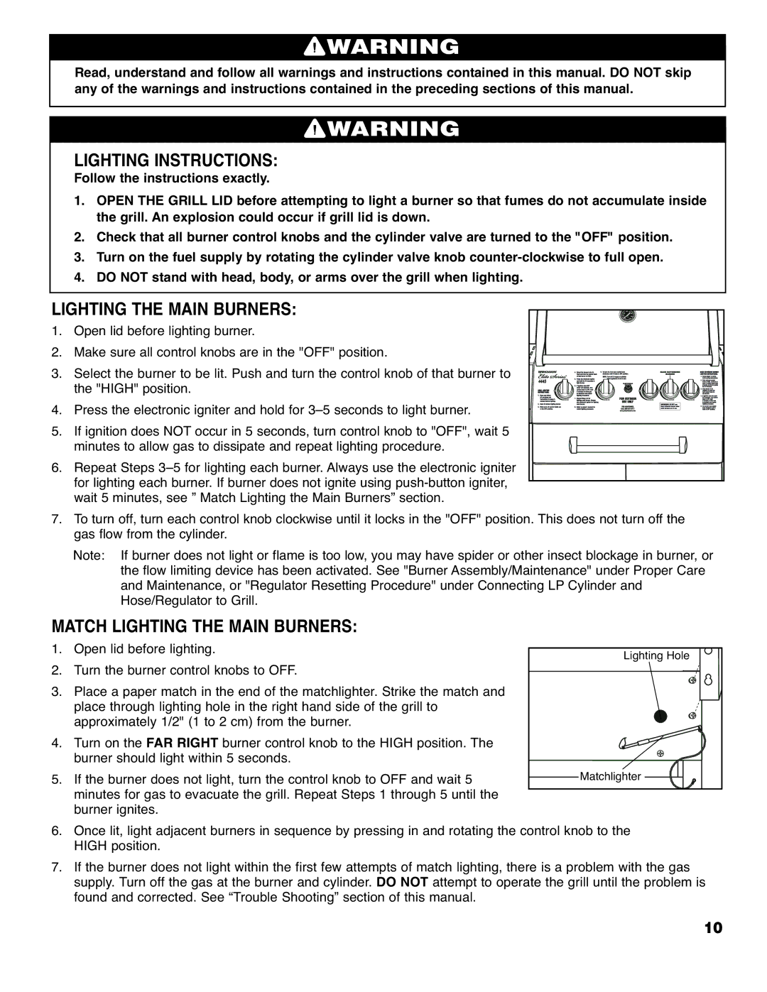 Brinkmann 4445 owner manual Lighting Instructions, Match Lighting the Main Burners 