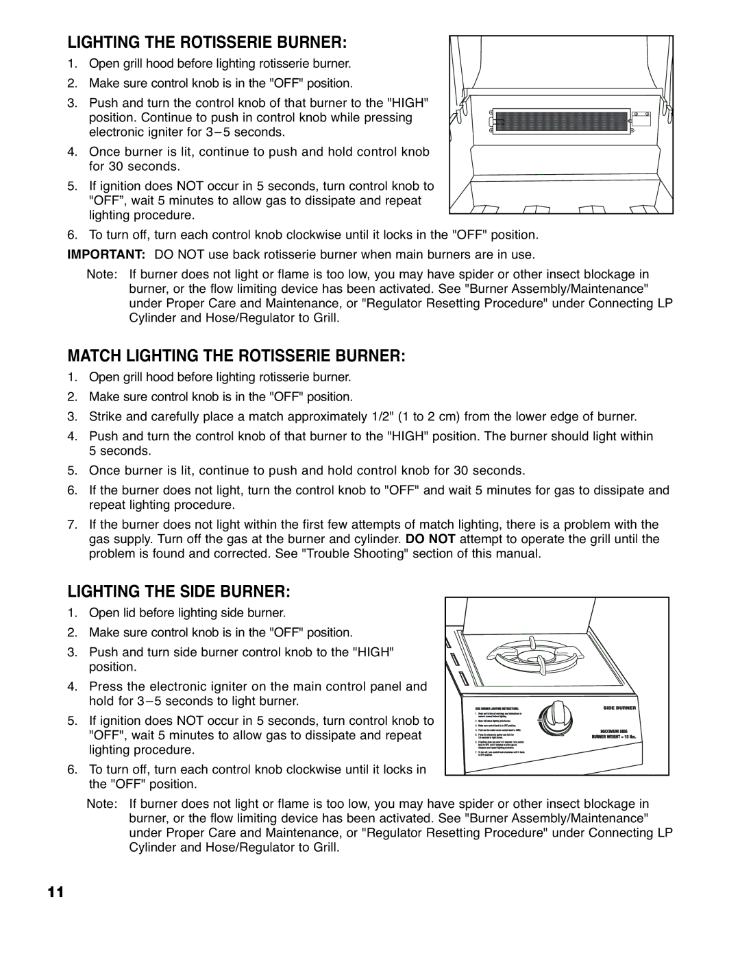 Brinkmann 4445 owner manual Match Lighting the Rotisserie Burner, Lighting the Side Burner 