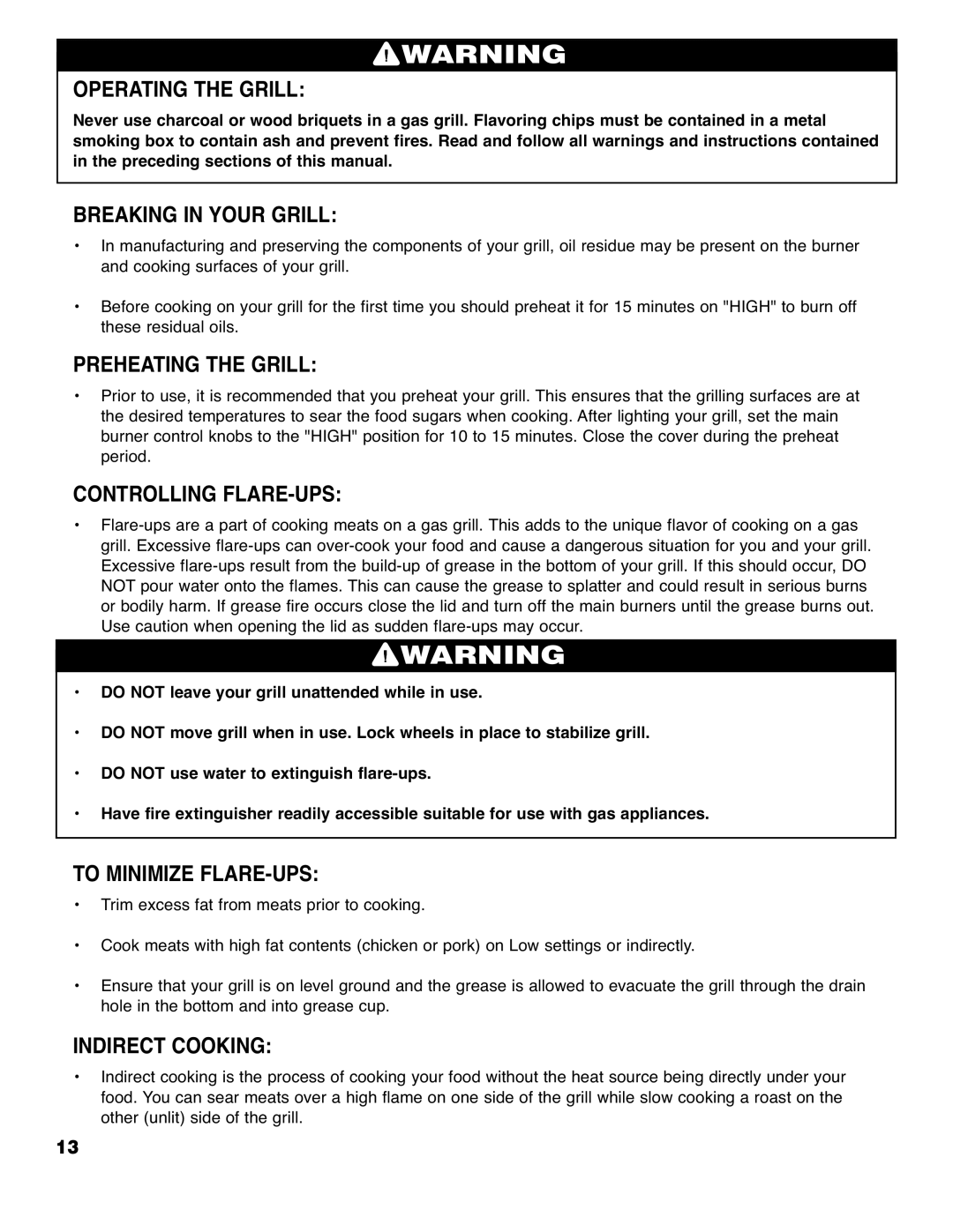 Brinkmann 4445 Operating the Grill, Breaking in Your Grill, Preheating the Grill, Controlling FLARE-UPS, Indirect Cooking 