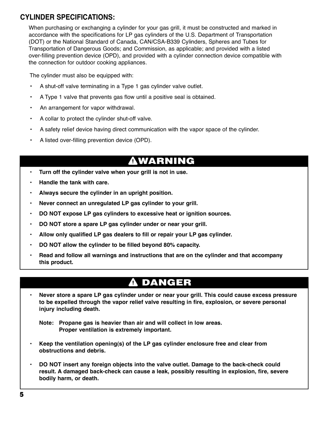 Brinkmann 4445 owner manual Cylinder Specifications 