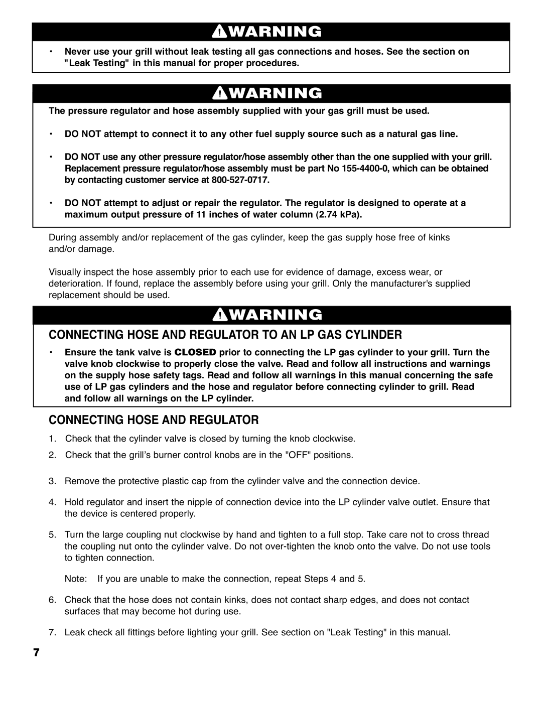 Brinkmann 4445 owner manual Connecting Hose and Regulator to AN LP GAS Cylinder 