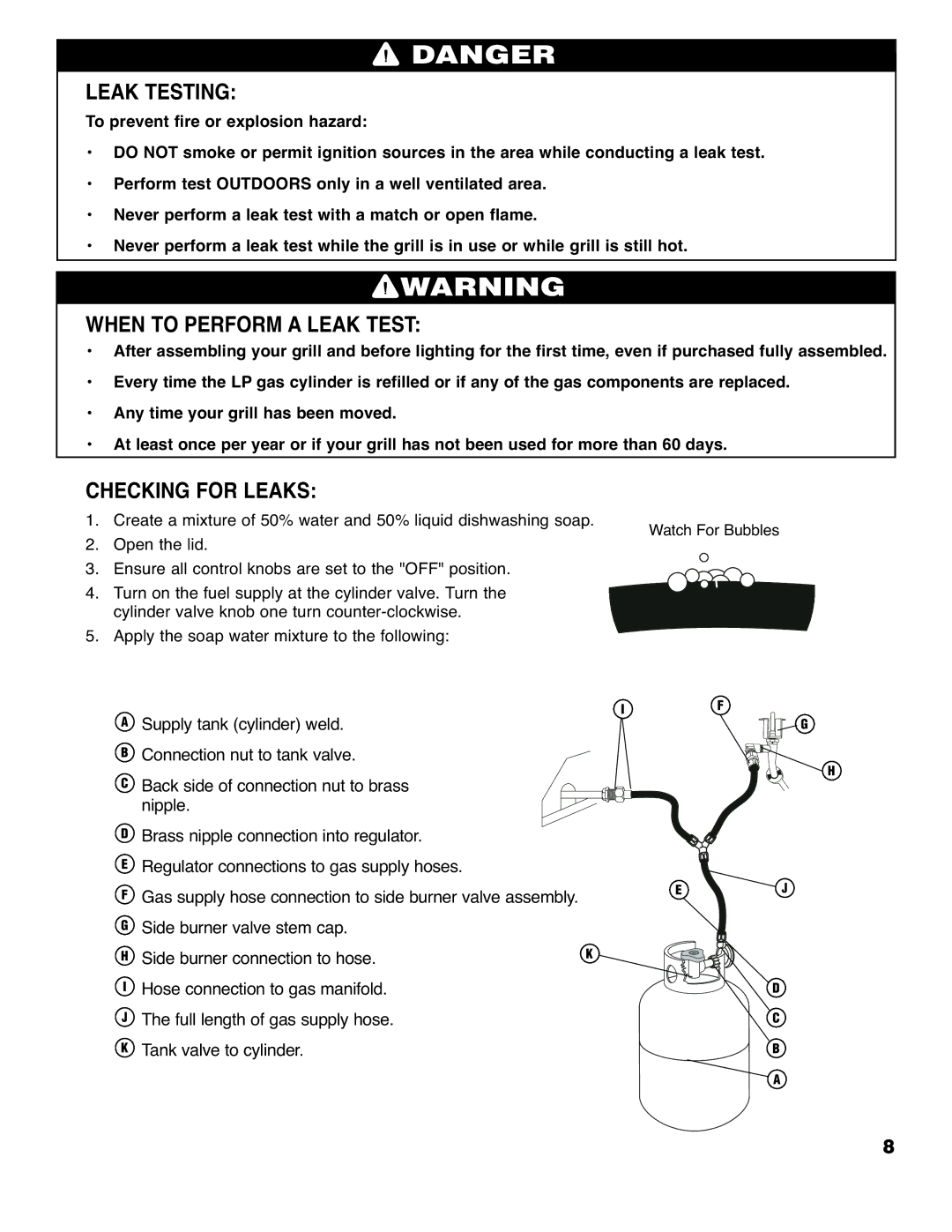 Brinkmann 4445 owner manual Leak Testing, When to Perform a Leak Test, Checking for Leaks 