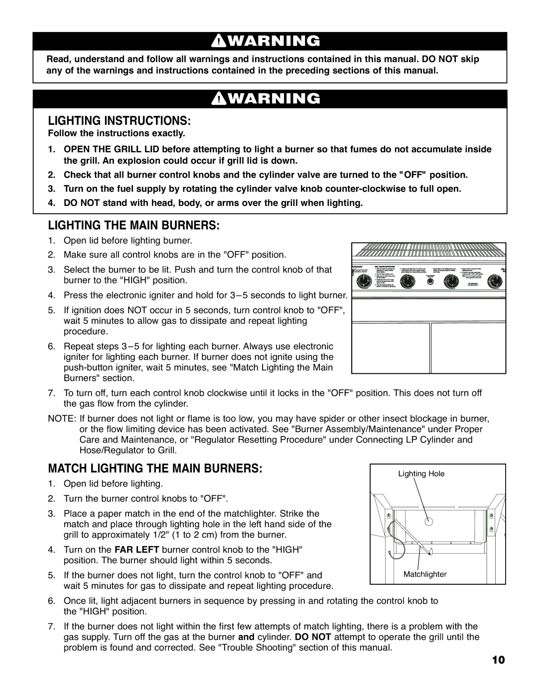 Brinkmann 4655 owner manual Lighting Instructions, Match Lighting the Main Burners 