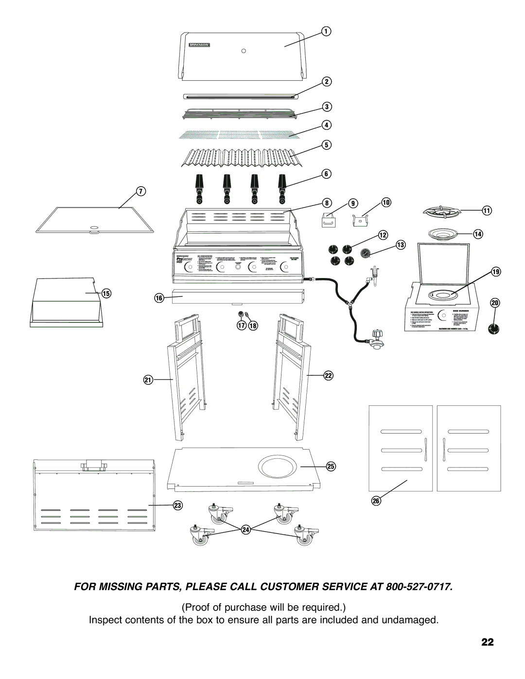 Brinkmann 4655 owner manual For Missing PARTS, Please Call Customer Service AT 