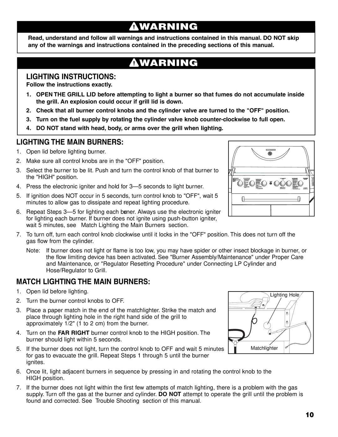 Brinkmann 4675 owner manual Lighting Instructions, Match Lighting the Main Burners 