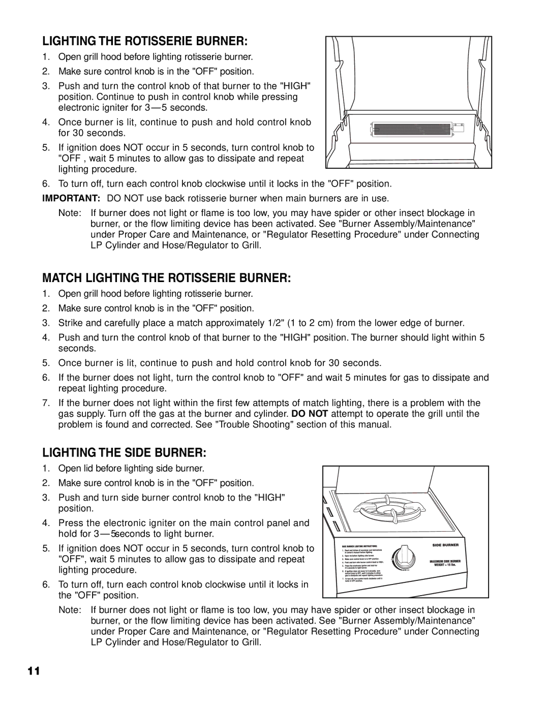 Brinkmann 4675 owner manual Match Lighting the Rotisserie Burner, Lighting the Side Burner 