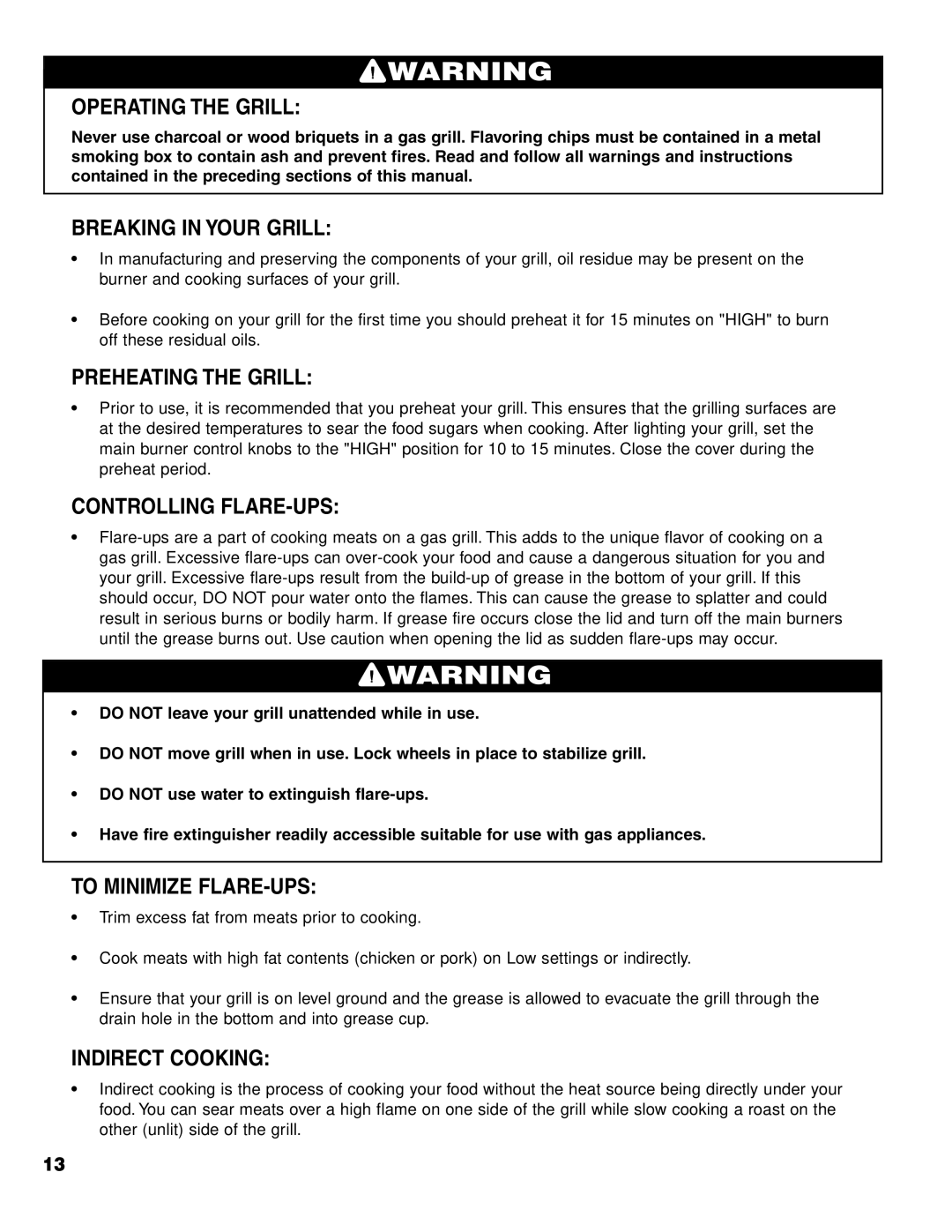Brinkmann 4675 Operating the Grill, Breaking in Your Grill, Preheating the Grill, Controlling FLARE-UPS, Indirect Cooking 