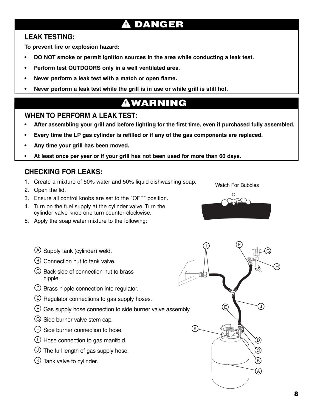 Brinkmann 4675 owner manual Leak Testing, When to Perform a Leak Test, Checking for Leaks 