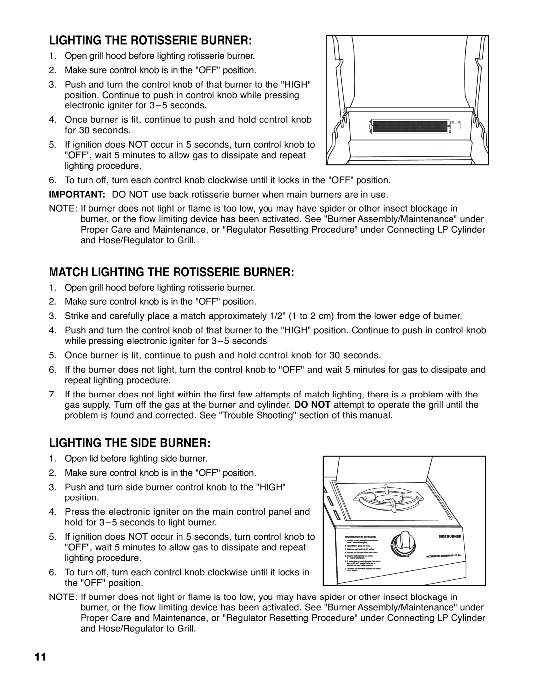 Brinkmann 4685 owner manual Match Lighting the Rotisserie Burner, Lighting the Side Burner 