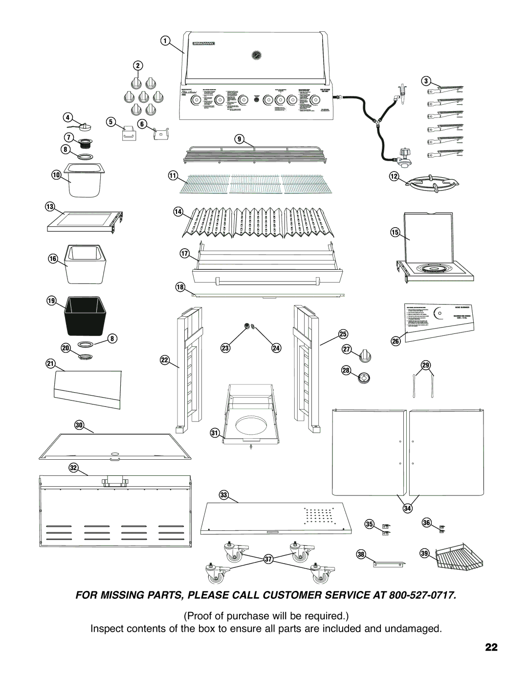 Brinkmann 4685 owner manual For Missing PARTS, Please Call Customer Service AT 