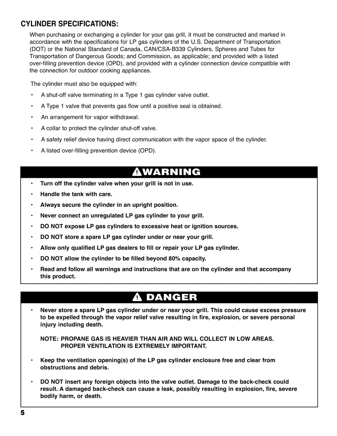 Brinkmann 4685 owner manual Cylinder Specifications 