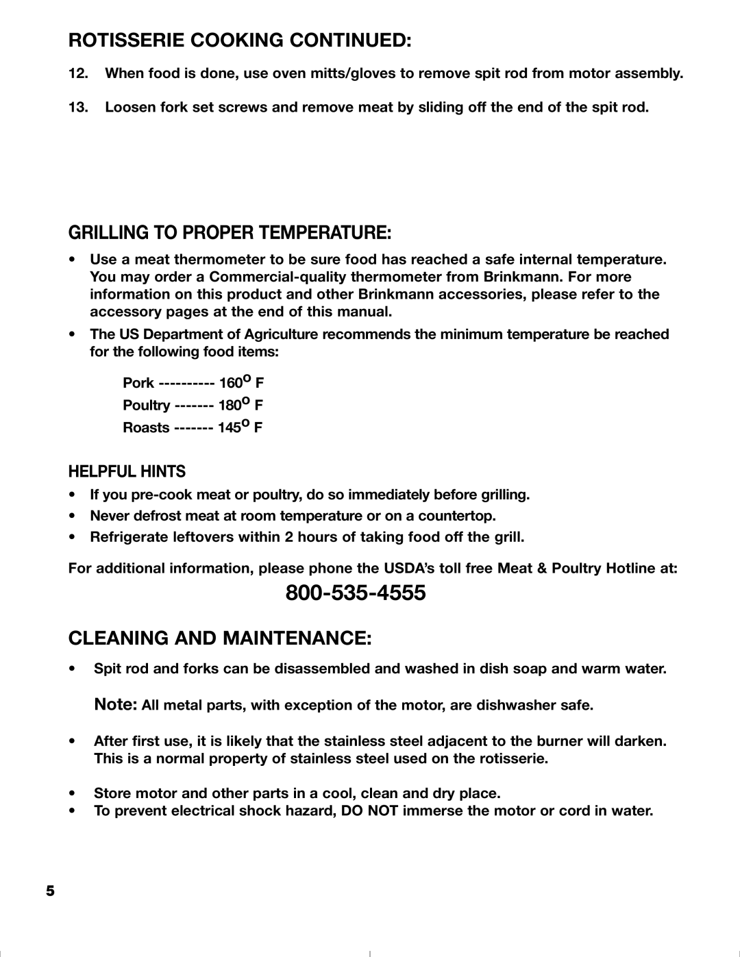 Brinkmann 4905 owner manual Rotisserie Cooking, Grilling to Proper Temperature, Cleaning and Maintenance 