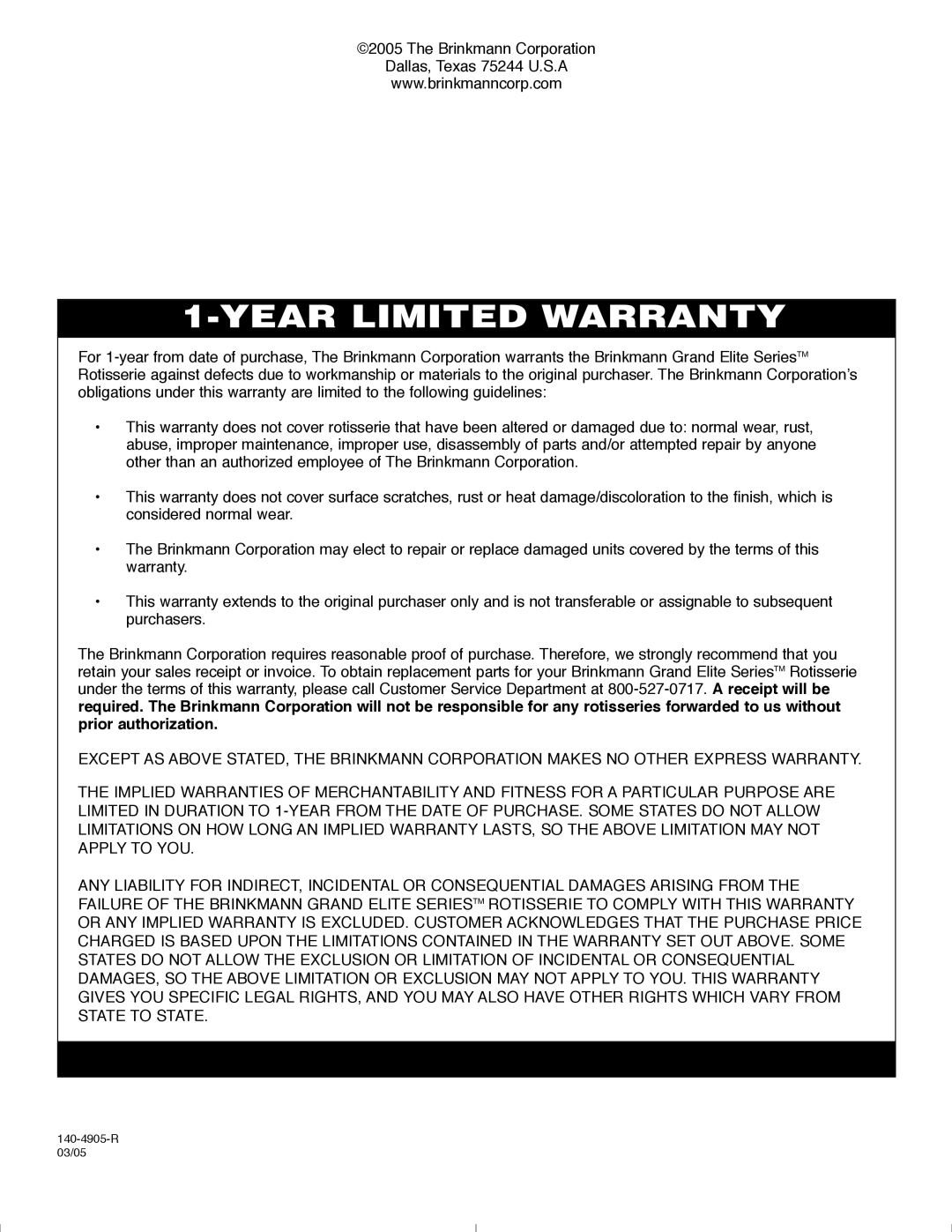 Brinkmann 4905 owner manual Year Limited Warranty 