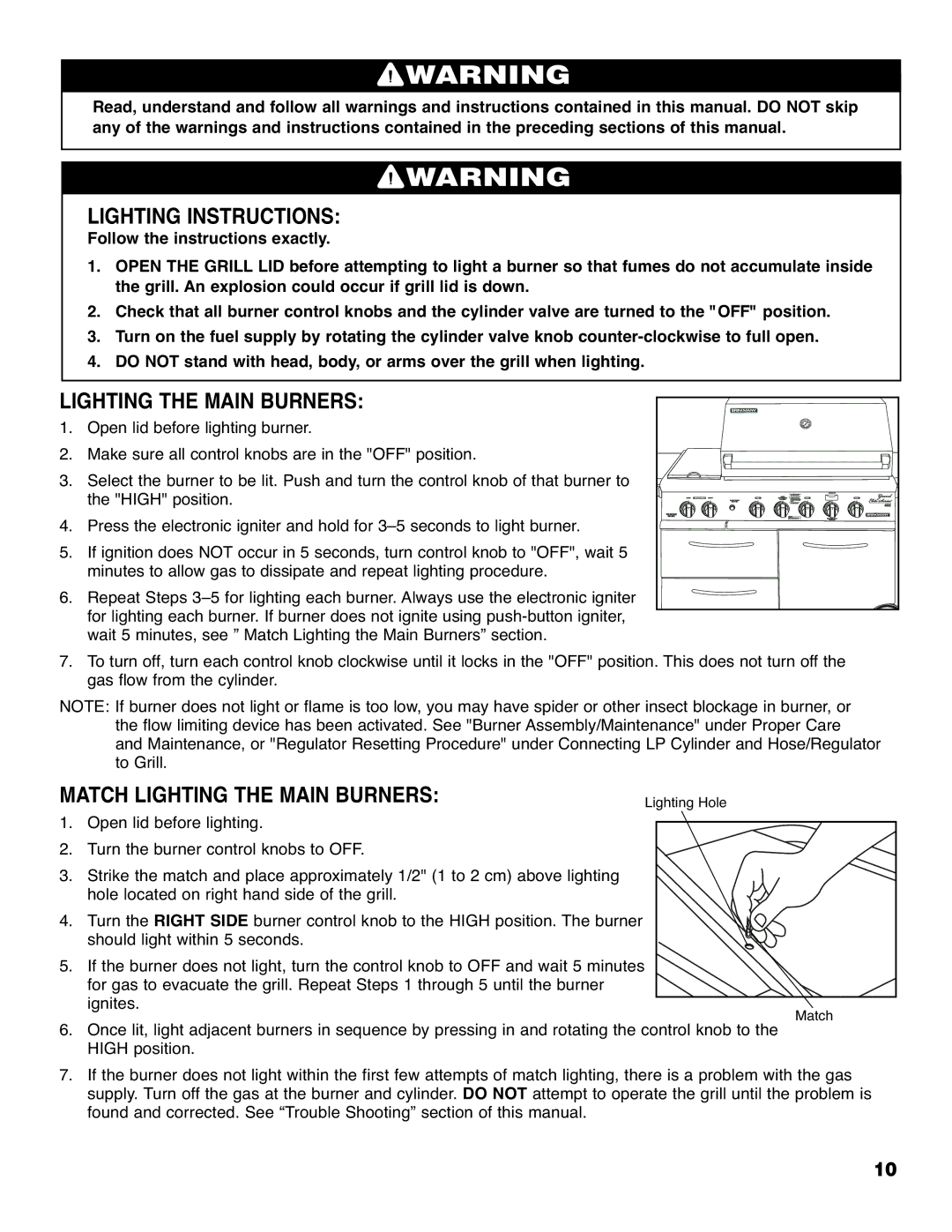 Brinkmann 4905 owner manual Lighting Instructions, Match Lighting the Main Burners 