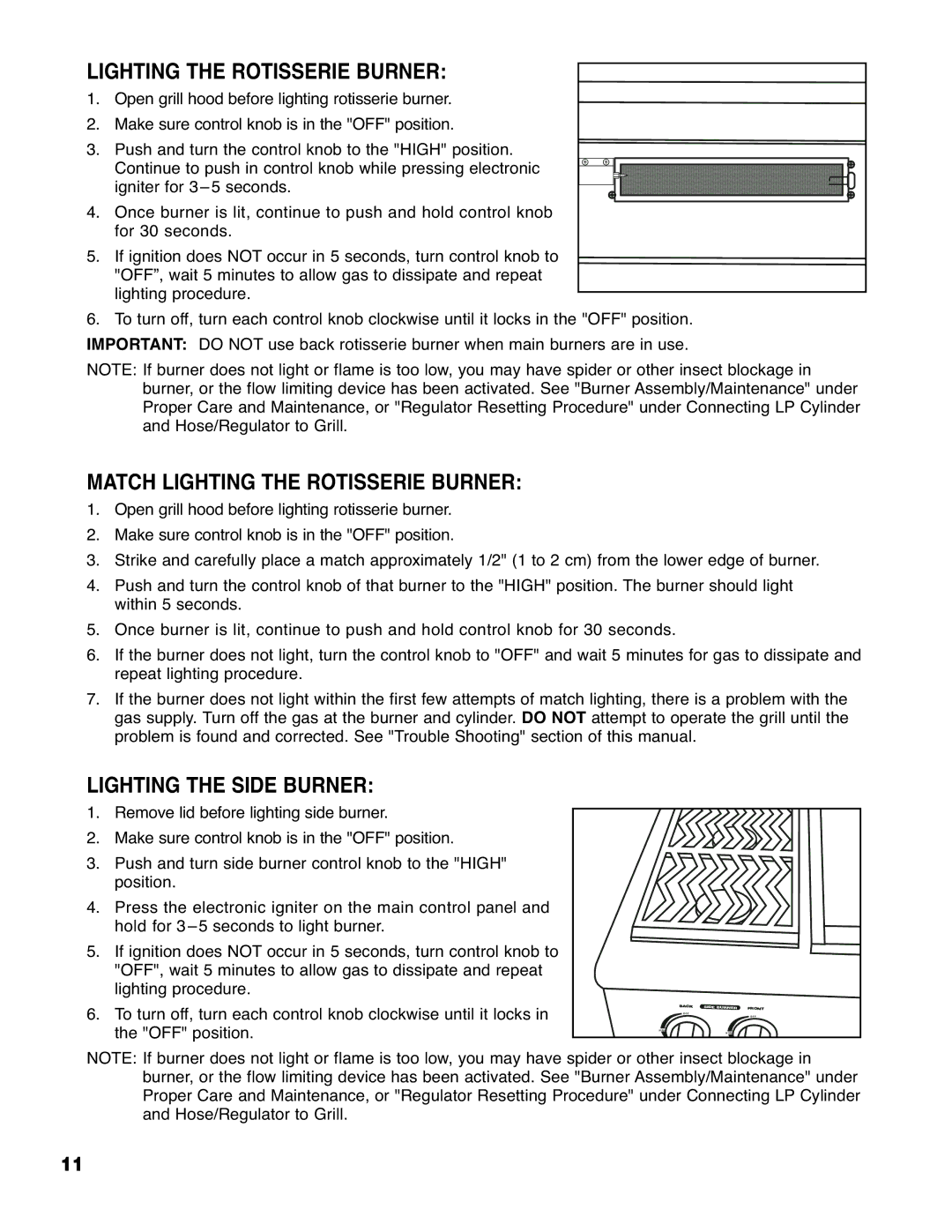 Brinkmann 4905 owner manual Match Lighting the Rotisserie Burner, Lighting the Side Burner 