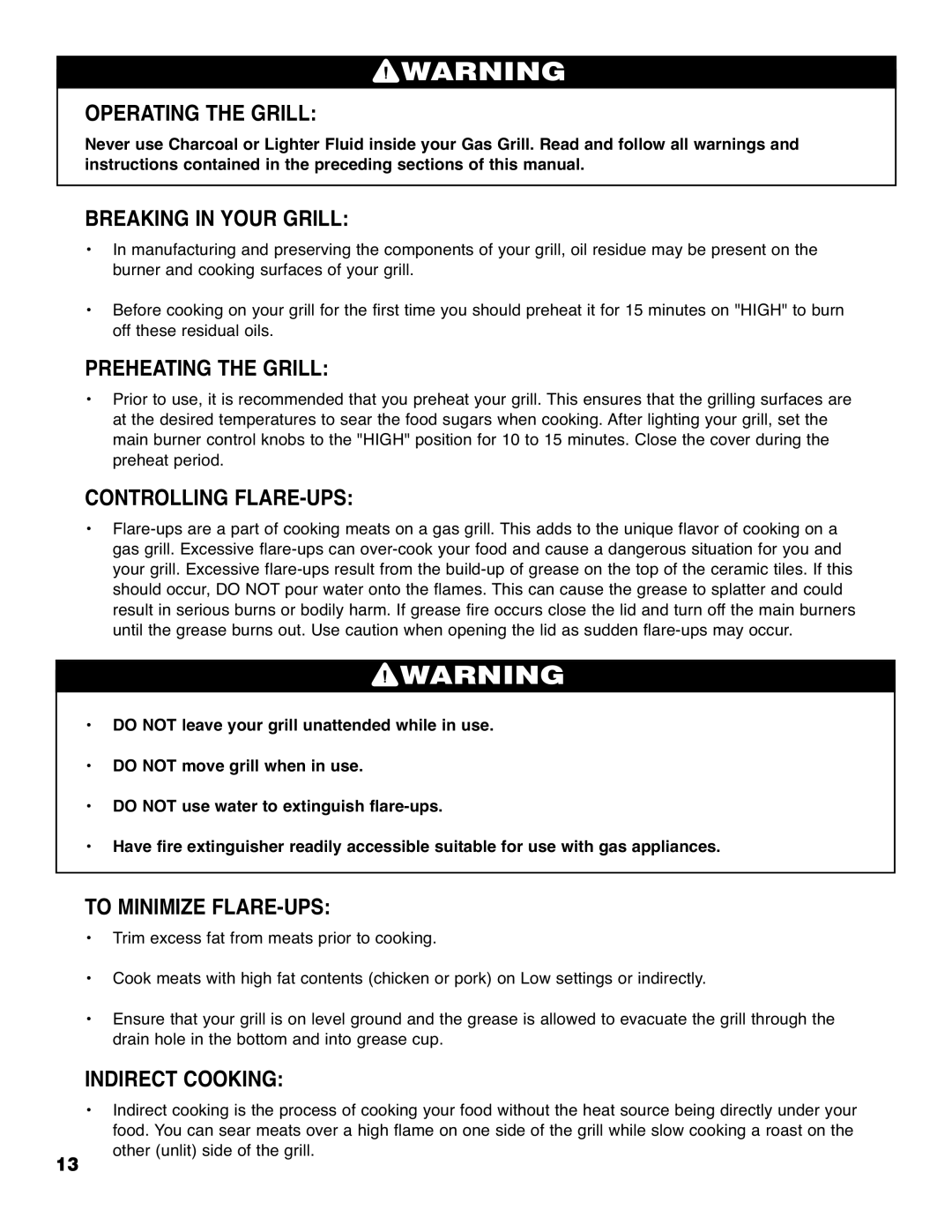 Brinkmann 4905 Operating the Grill, Breaking in Your Grill, Preheating the Grill, Controlling FLARE-UPS, Indirect Cooking 