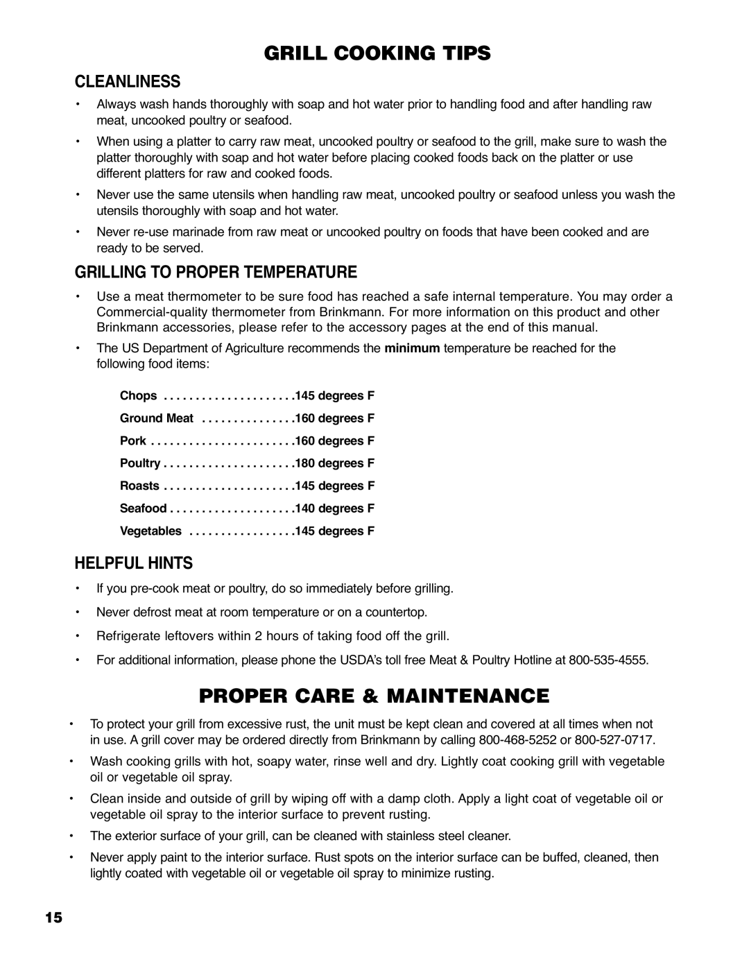 Brinkmann 4905 owner manual Cleanliness, Grilling to Proper Temperature, Helpful Hints 