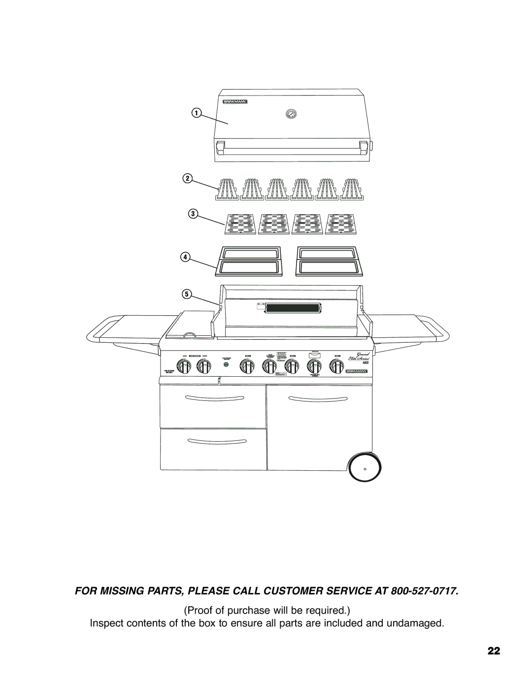 Brinkmann 4905 owner manual For Missing PARTS, Please Call Customer Service AT 