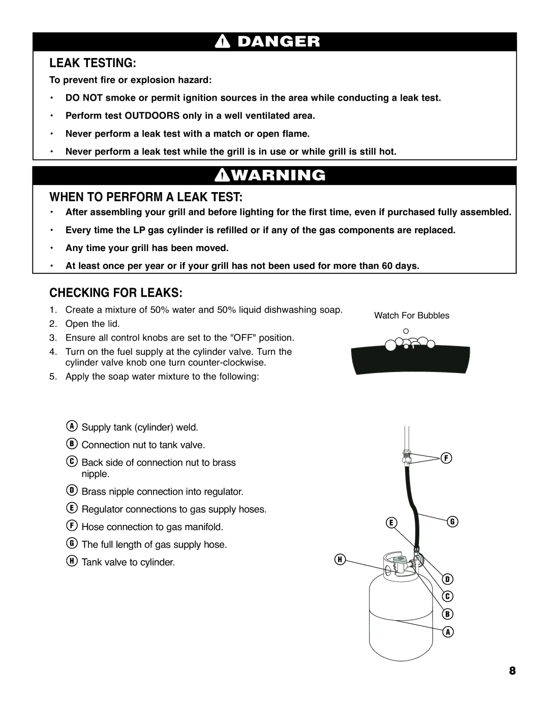 Brinkmann 4905 owner manual Leak Testing, When to Perform a Leak Test, Checking for Leaks 