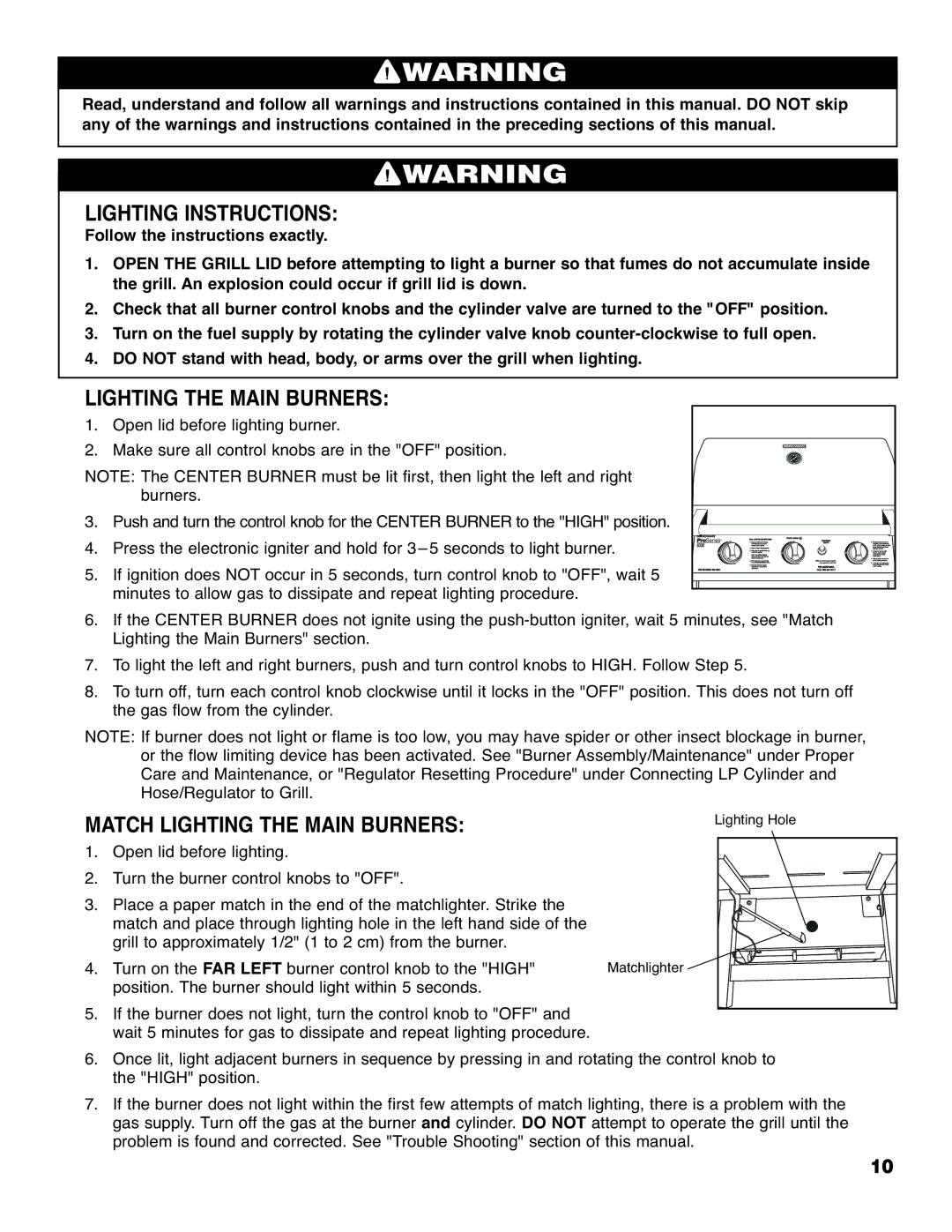 Brinkmann 6330 owner manual Lighting Instructions, Match Lighting the Main Burners 